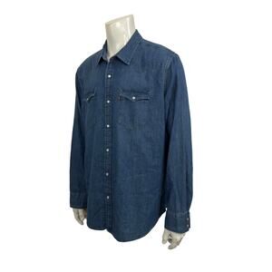 Levi's Western Ranch Cowboy Trucker Biker Shirt Mens 2XL Blue Denim Pearl Snap